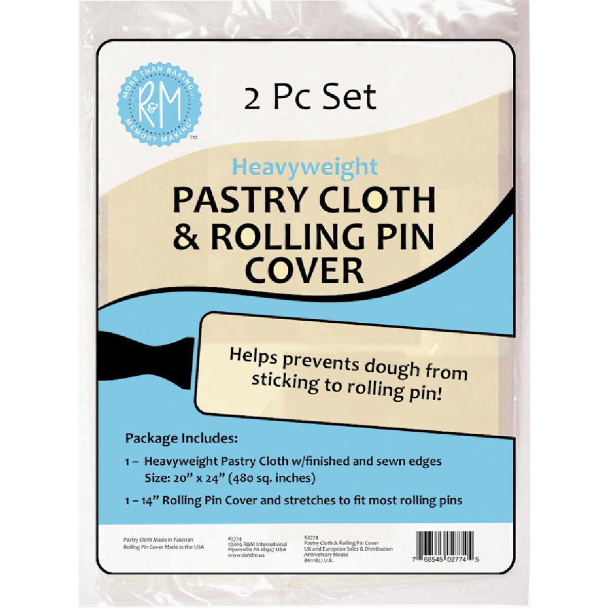 R&M 20 In. x 24 In. Pastry Cloth & 14 In. Rolling Pin Cover Set