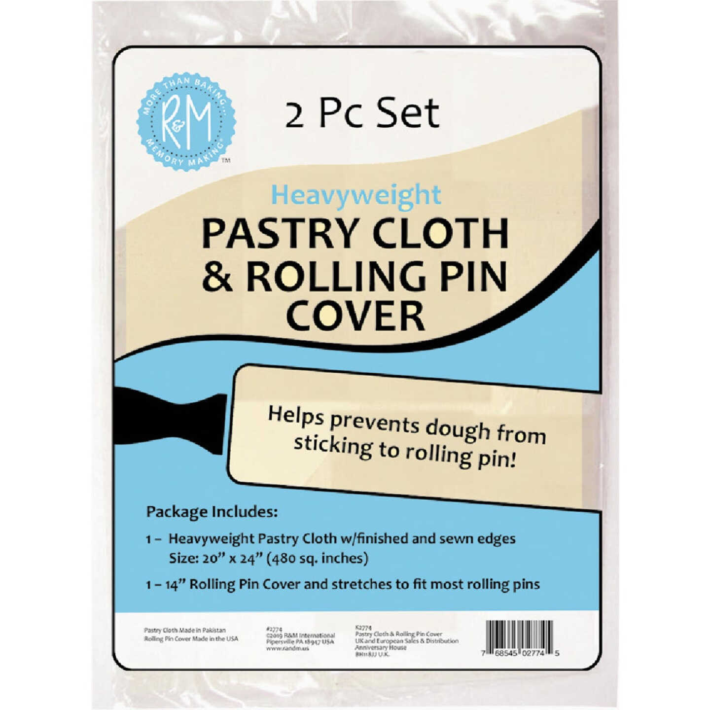R&M 20 In. x 24 In. Pastry Cloth & 14 In. Rolling Pin Cover Set Image 1