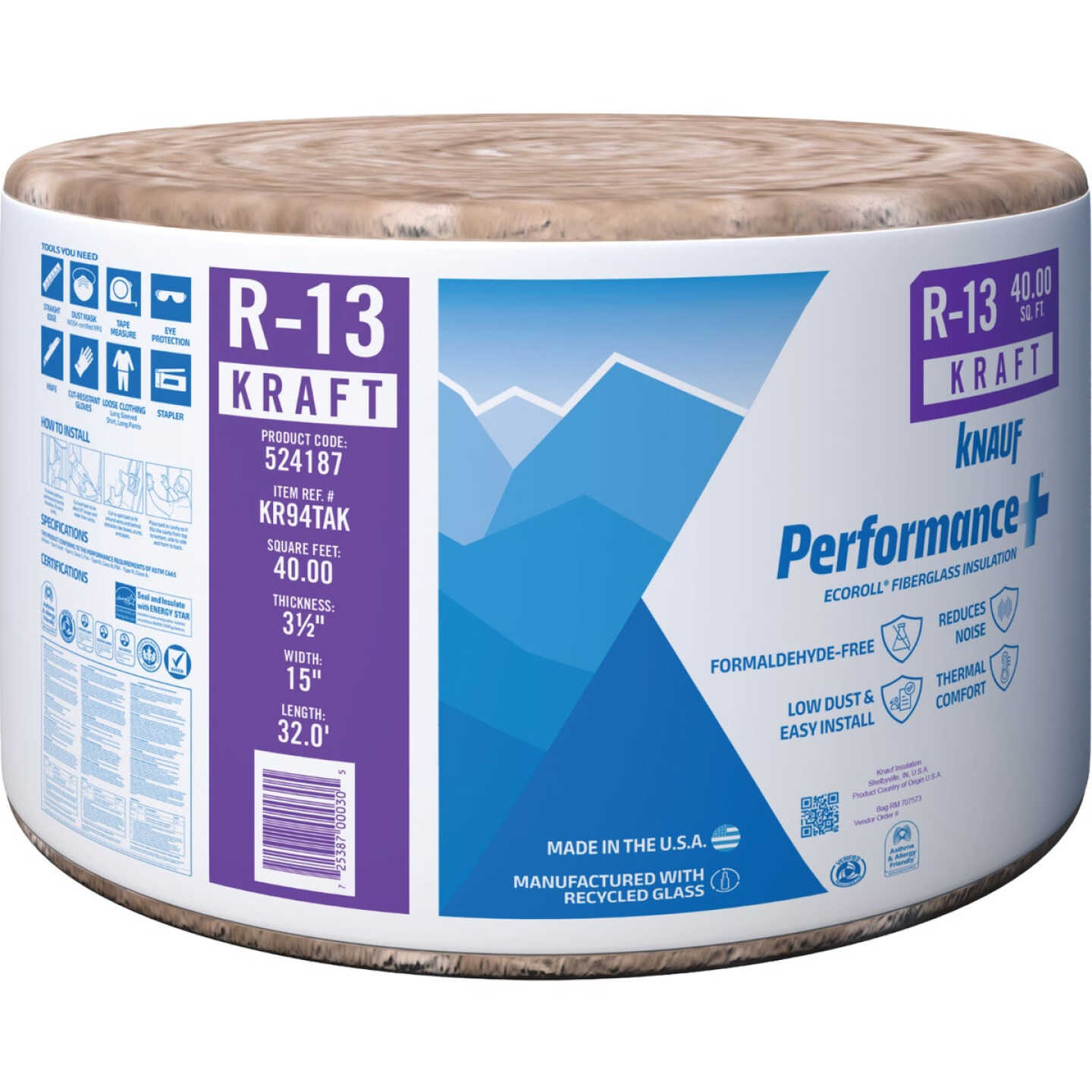 Knauf R-13 15 In. x 32 Ft. Greenguard Kraft Faced Roll Fiberglass Insulation Image 1