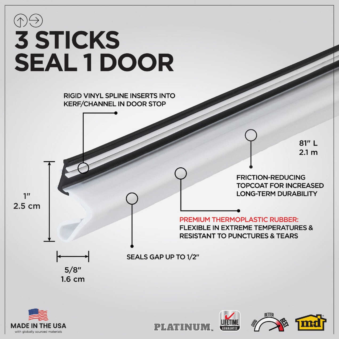 M-D Building Products 81 In. Premium Rubber PLATINUM Top and Sides Door Seal for Doors with Kerf/Channel, White Image 2