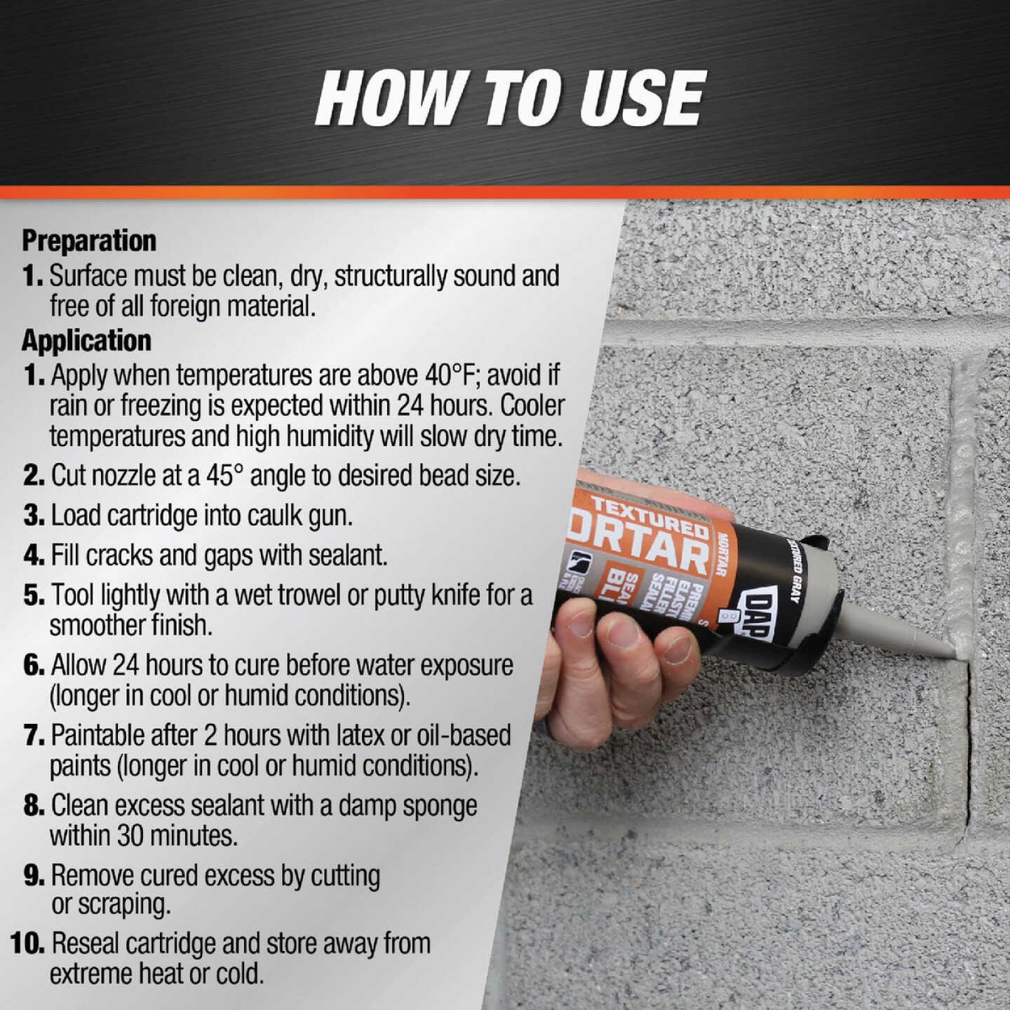 DAP Textured Mortar 10.1 Oz. Gray Premium Elastomeric Filler & Sealant Image 4