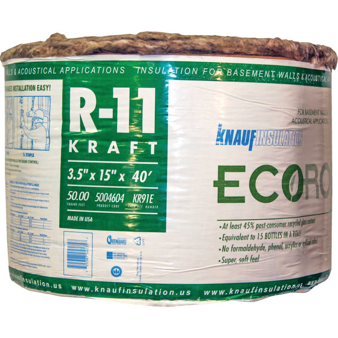 Knauf R-11 15 In. x 40 Ft. Greenguard Kraft Faced Roll Fiberglass Insulation Image 1