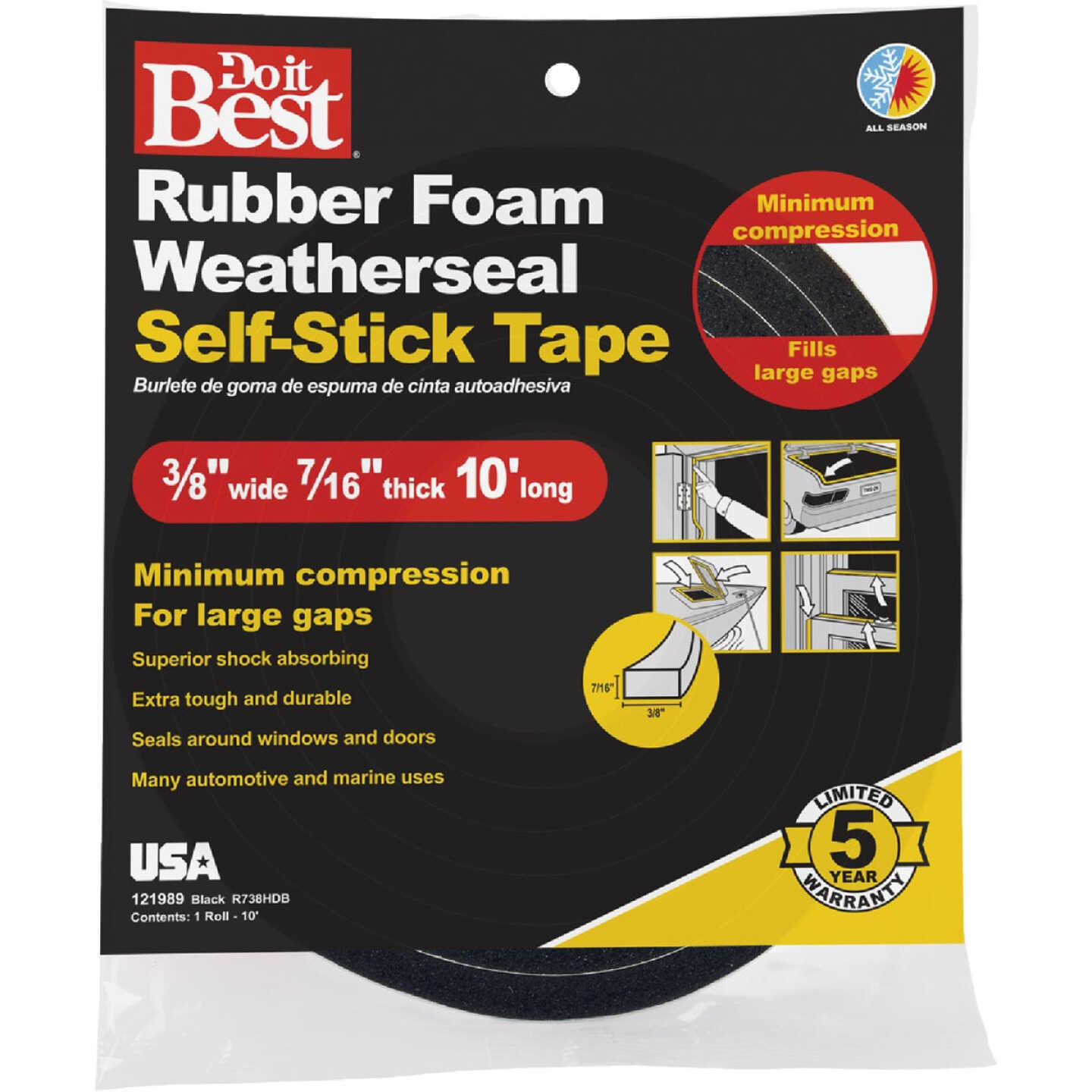 Do it Best 10 Ft. Self-Stick Foam Rubber Weatherstrip Tape Image 1