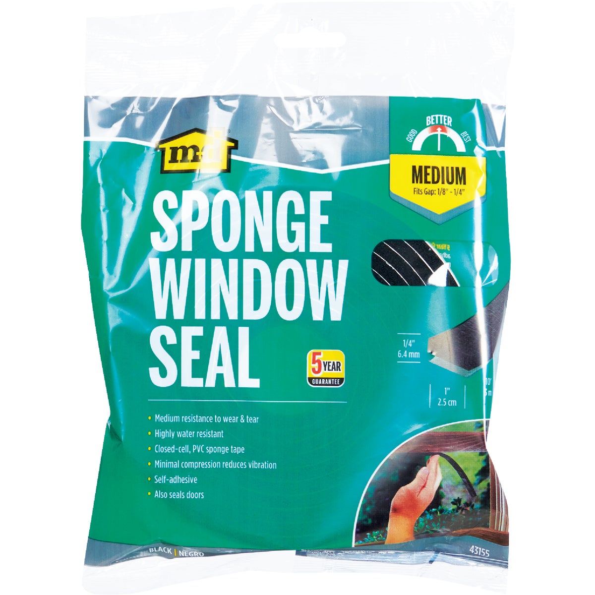 M-D Building Products 1/4 In. x 1 In. x 10 Ft. Black Sponge Window Seal for Medium Gaps Image 3