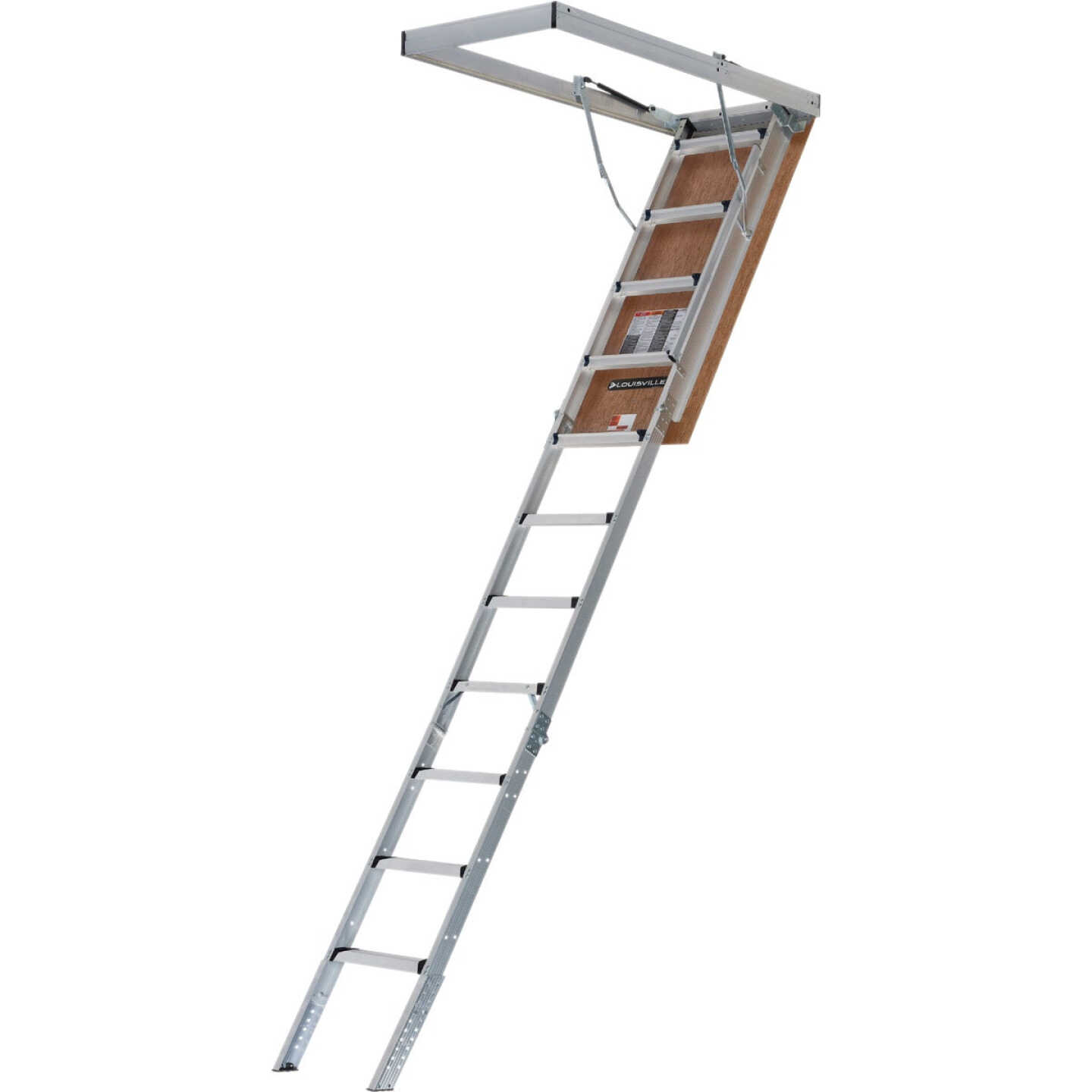 Louisville Ladder Elite 7 Ft. 8 In. to 10 Ft. 3 In. 22.5 In. x 54 In. Fire Retardant Door Aluminum Attic Stairs, 375 Lb. Load Image 1