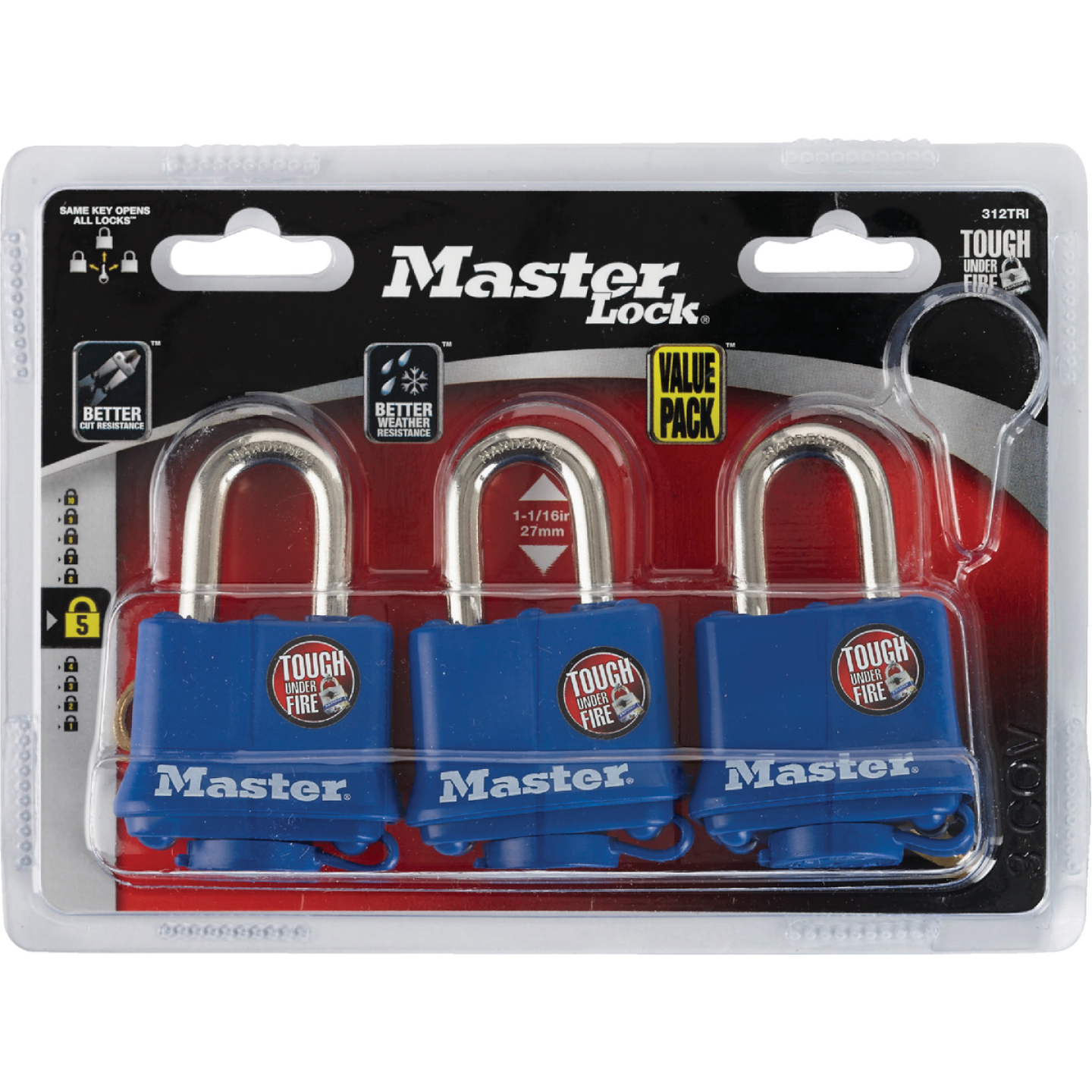 Master Lock 1-9/16 In. W. Covered Laminated Steel Pin Tumbler Padlock, Blue (3-Pack) Image 2