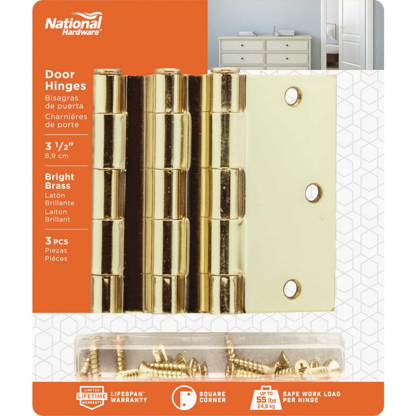 National Hardware 3-1/2 In. Square Satin Brass Door Hinge Image 2