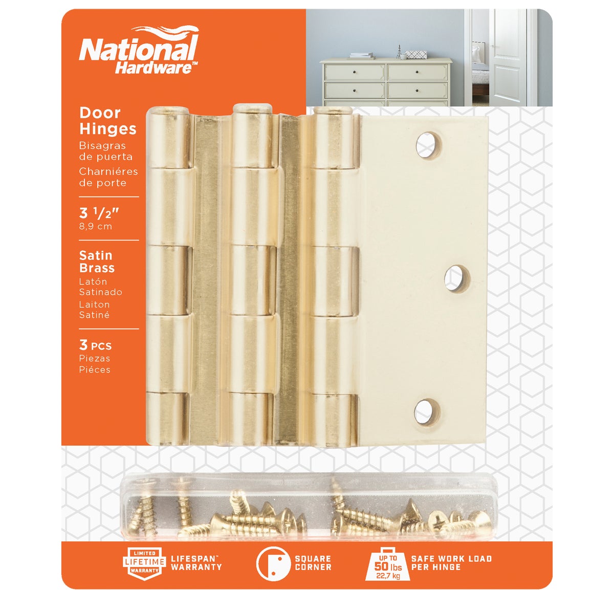 National Hardware 3-1/2 In. Square Satin Brass Door Hinge (3-Pack) Image 2