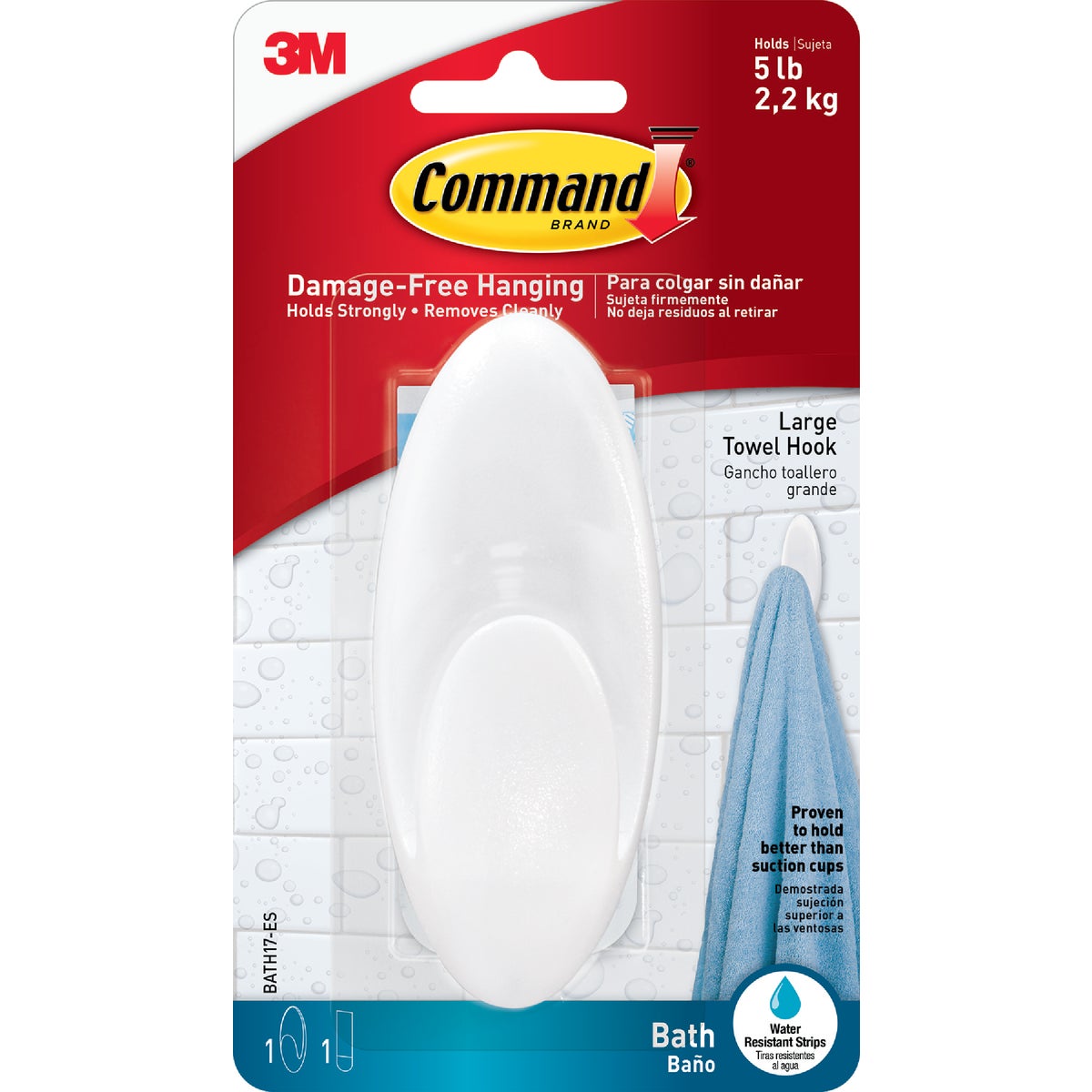 Command Large Bath Hook, White, 1 Hook, 1 Large Strip Image 1