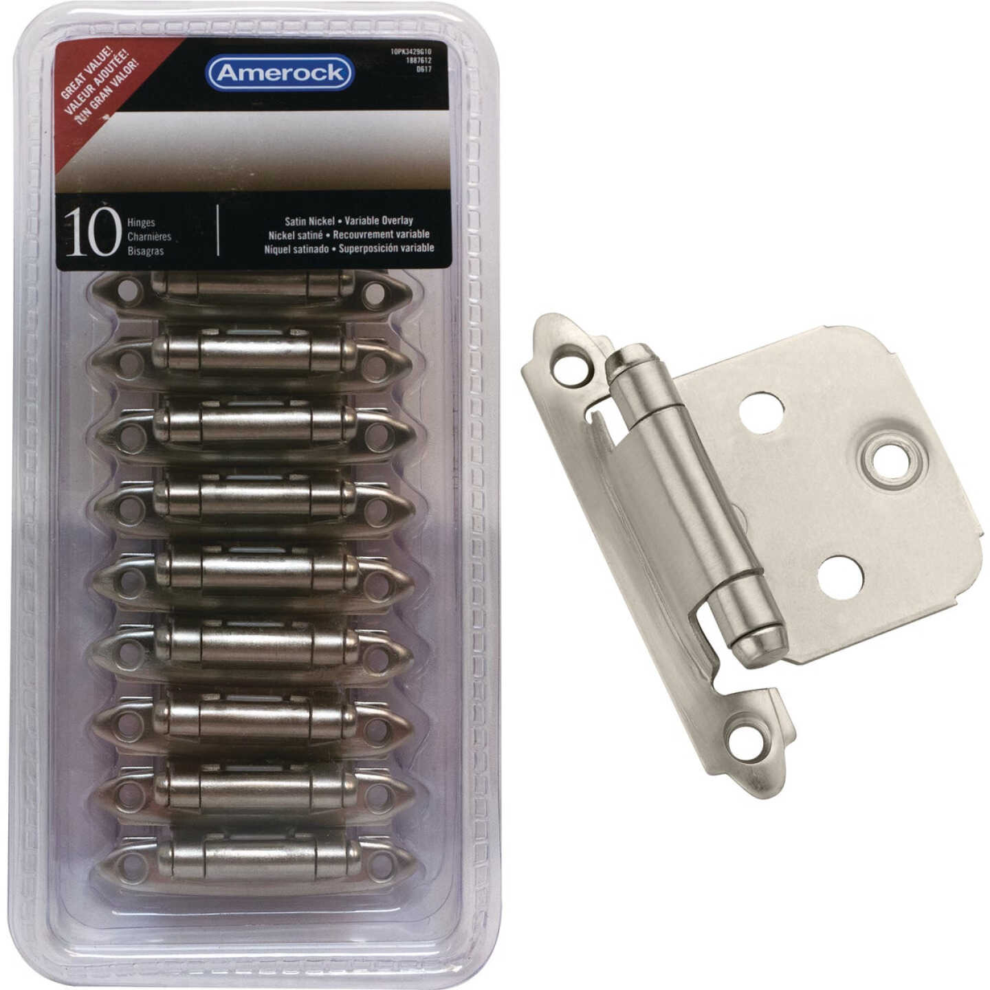 Amerock Satin Nickel Face Mount Self-Closing Overlay Hinge (10-Pack) Image 1