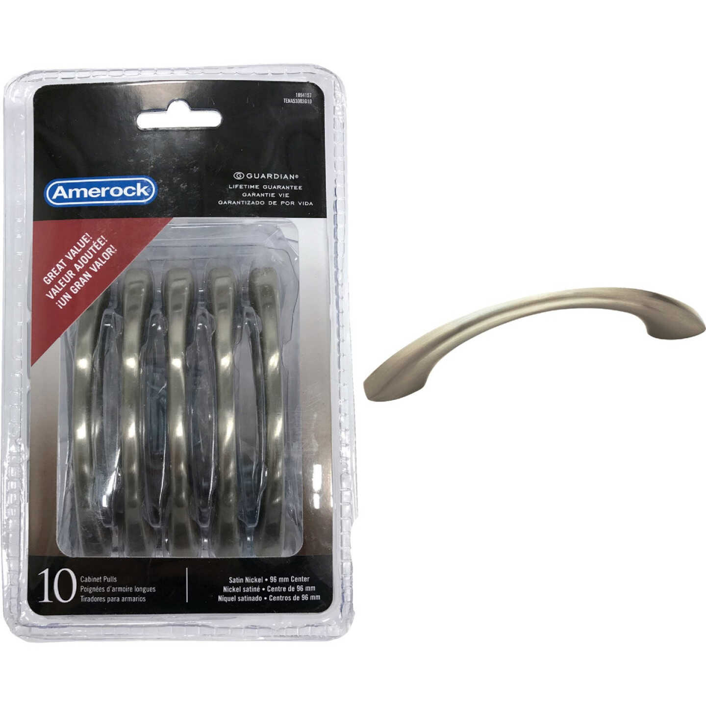 Amerock 3.75 In. Satin Nickel Cabinet Drawer Pull (10-Pack) Image 1