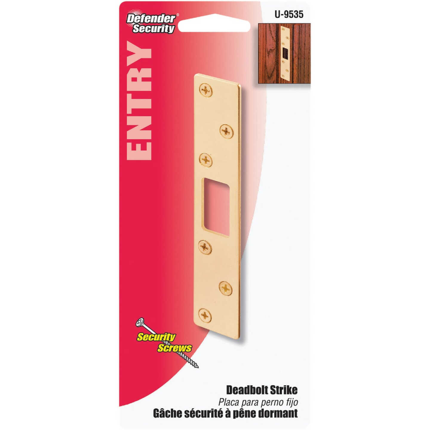 Defender Security Polished Brass 1-1/8 In. Heavy-Gauge Deadbolt Security Strike Plate Image 2
