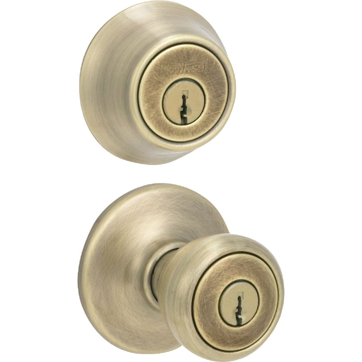 Kwikset Tylo Antique Brass Deadbolt and Door Knob Combo