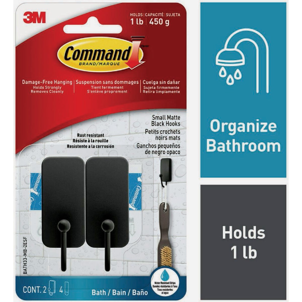 Command Small Bath Hook, Matte Black, 2 Hooks, 4 Strips Image 1