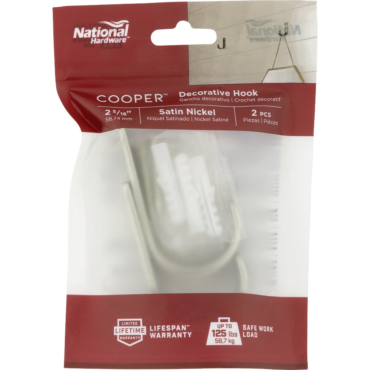 National Hardware 2-5/16 In. Satin Nickel Cooper Multipurpose Hook (2-Pack) Image 2