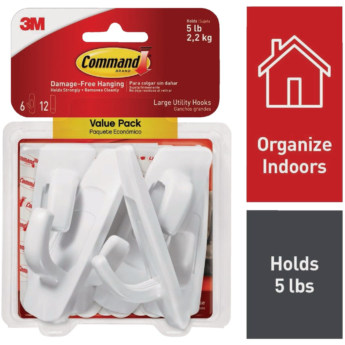 Command Large Utility Hook Value Pack, White, 6 Hooks, 12 Strips