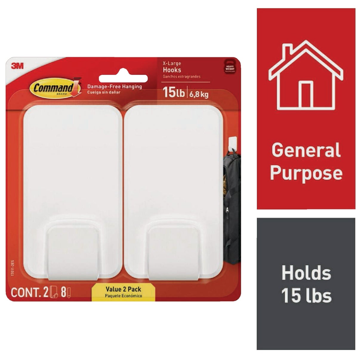 Command Extra Large 15 Lb. Adhesive Hook, White, 2 Hooks, 8 Strips