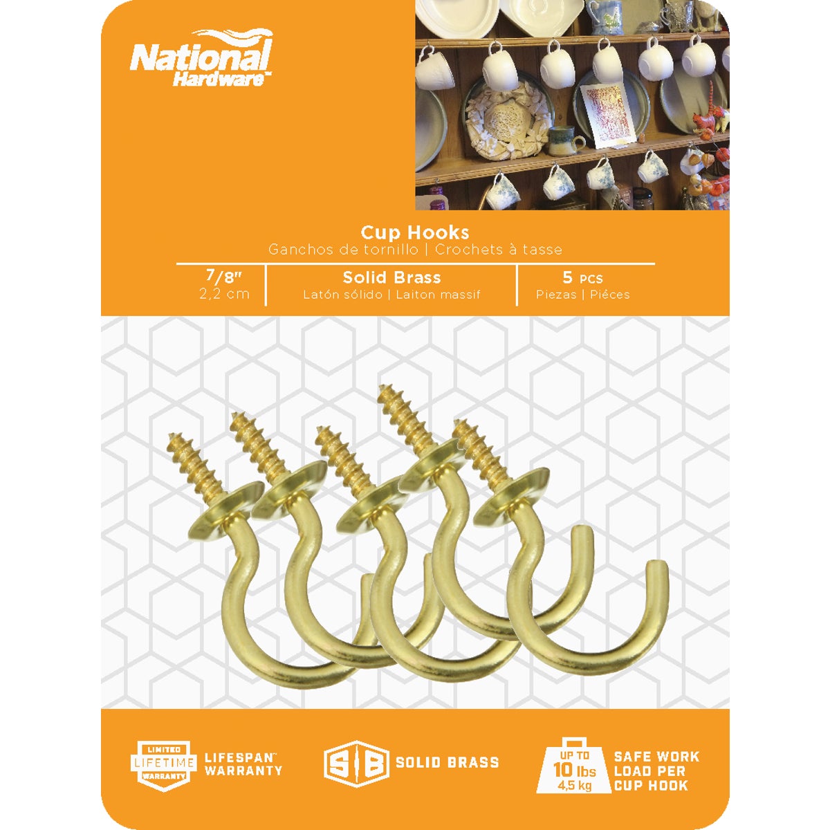 National Hardware 7/8 In. Solid Brass Series Cup Hook (5 Count) Image 2