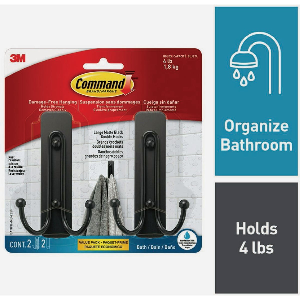 Command Large Double Bath Hook, Matte Black, 2 Hooks, 2 Strips Image 1