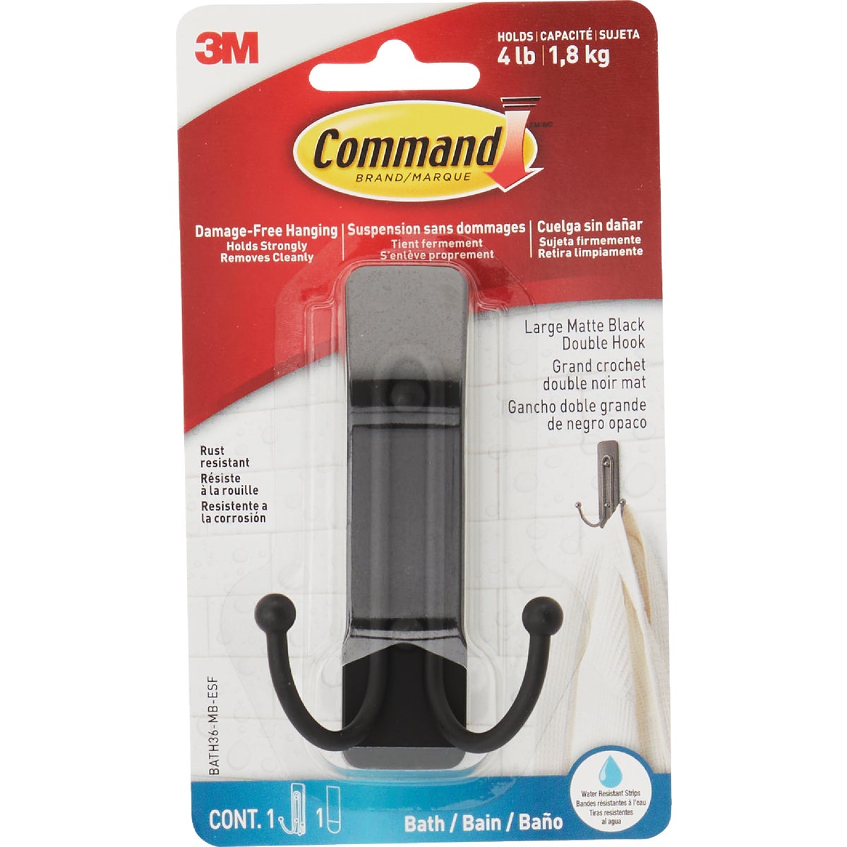 Command Large Double Bath Hook, Matte Black, 1 Hook, 2 Strips Image 7