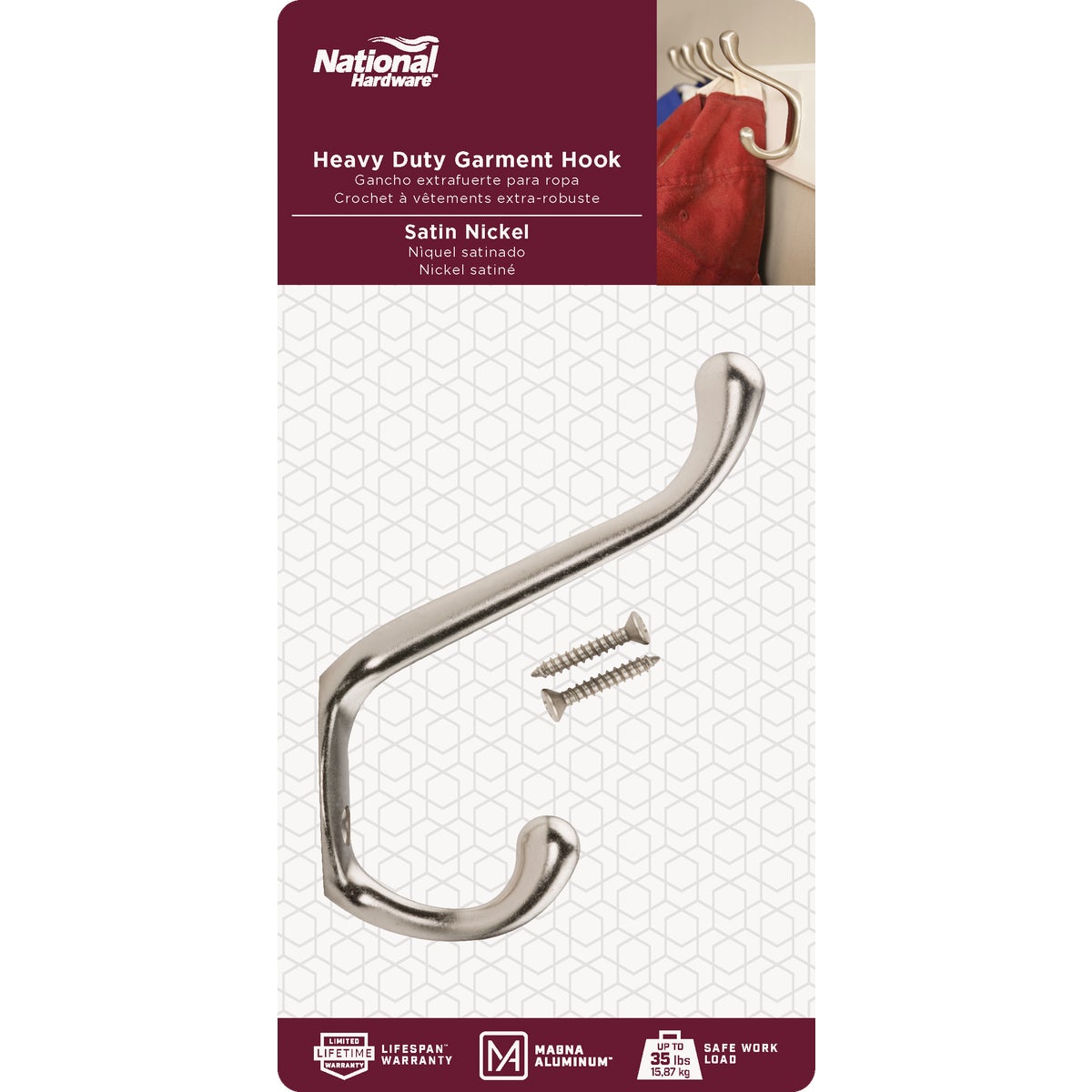 National Hardware Heavy-Duty Satin Nickel Garment Hook Image 2