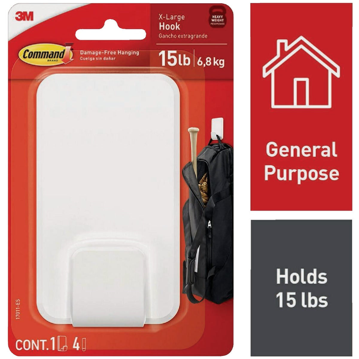 Command Extra Large 15 Lb. Adhesive Hook, White, 1 Hook, 4 Strips