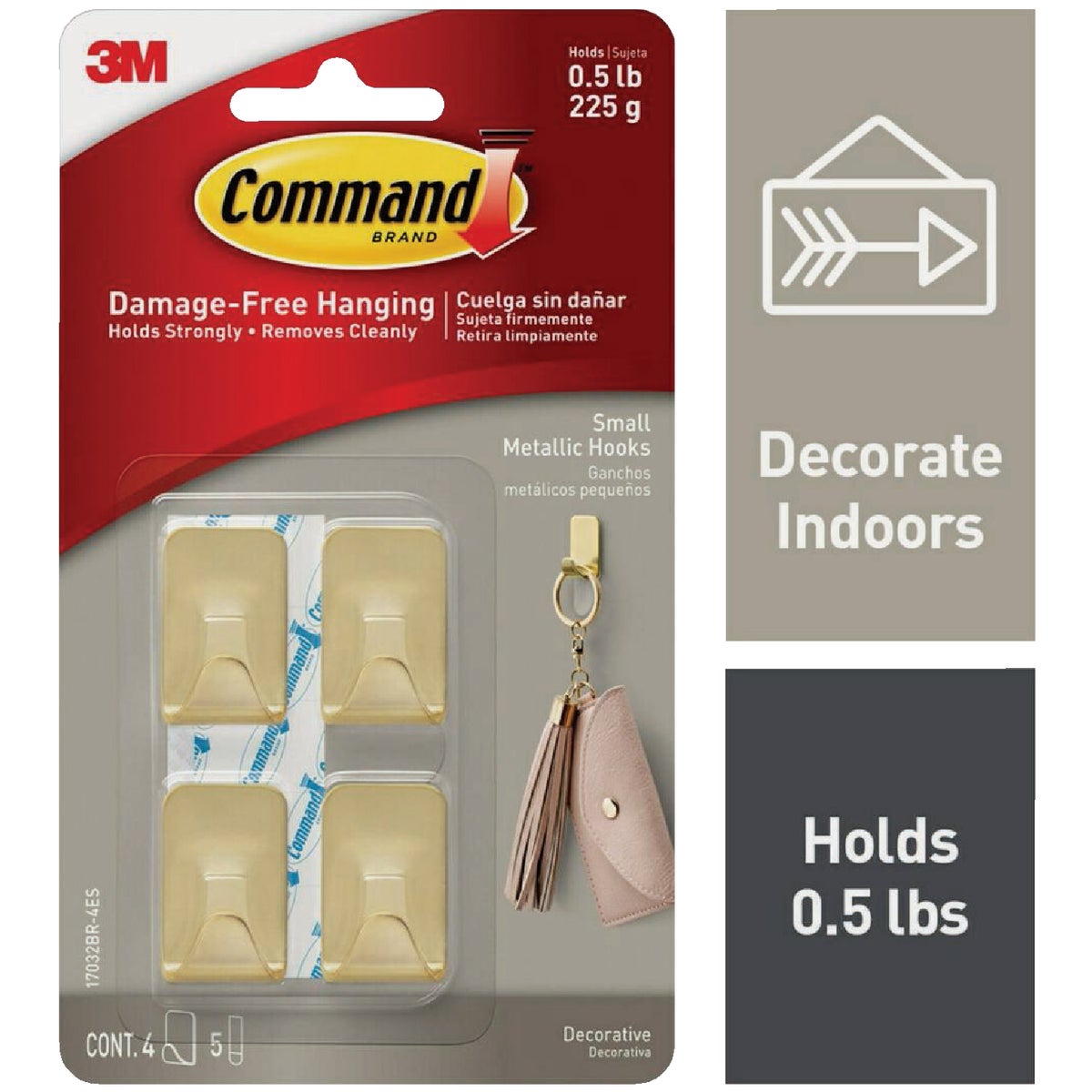 Command Small Metallic Brass Decorative Hook, 4 Hooks, 5 Strips