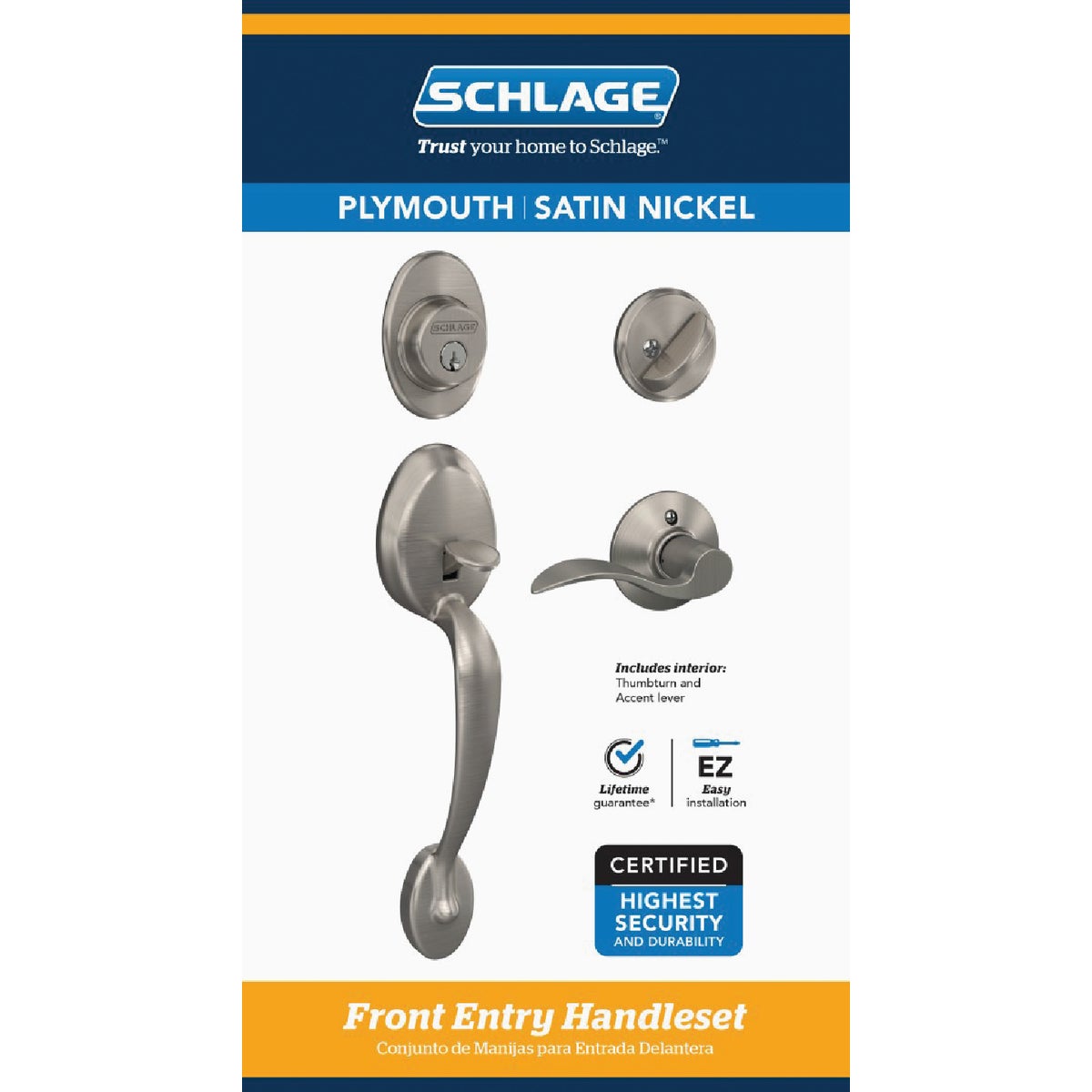 Schlage Satin Nickel Entry Door Handleset with Accent Interior Lever Image 2