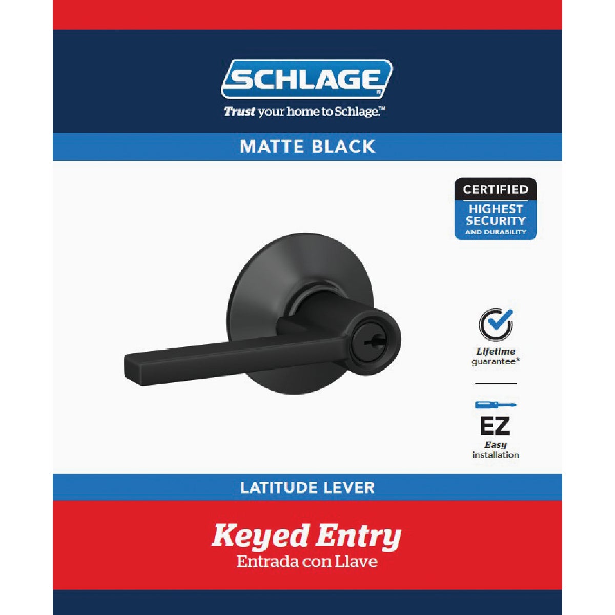Schlage Latitude Matte Black Keyed Entry Door Lever Image 3