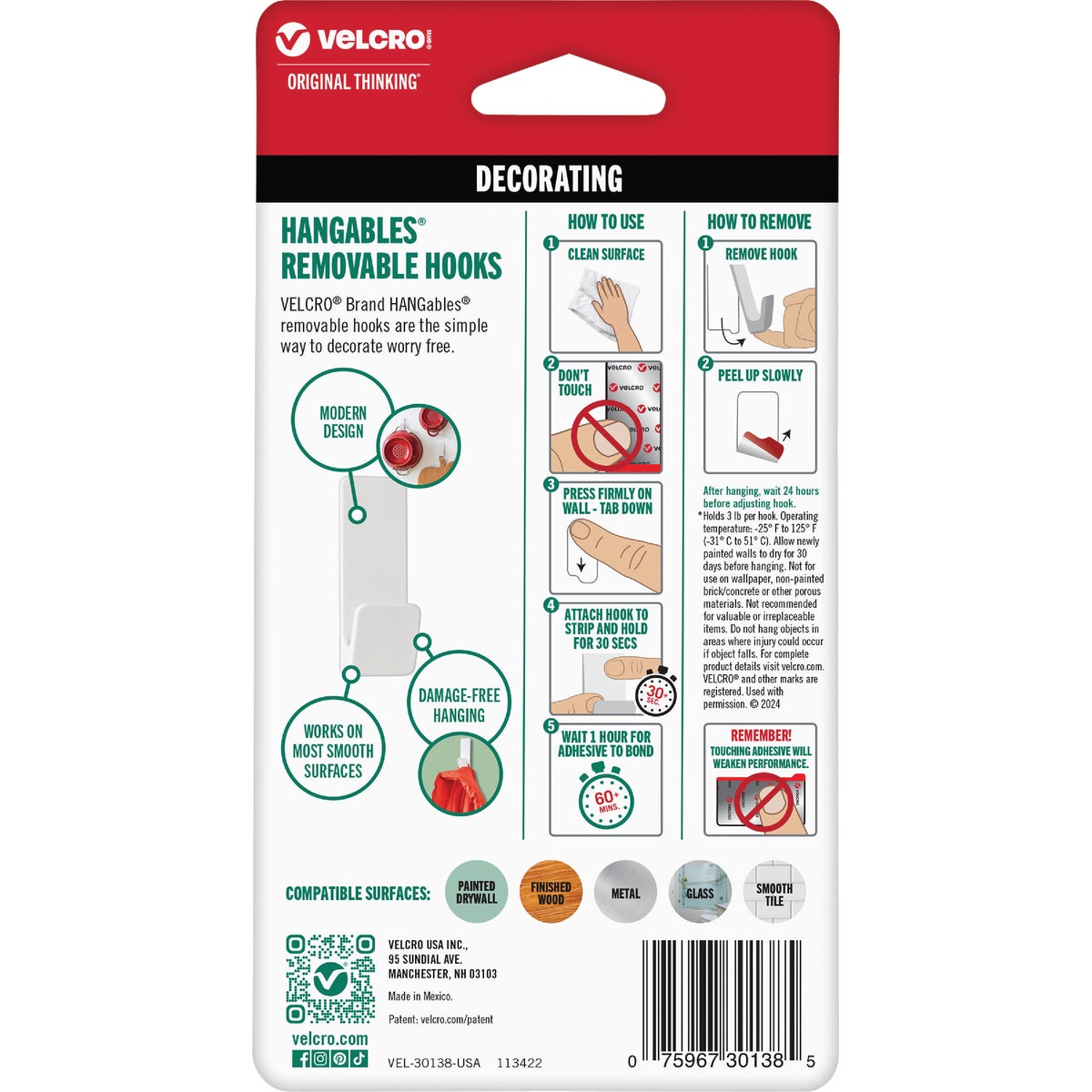 Velcro Brand Hangables 3 Lb. Capacity White Removable Medium Hook (2 Count) Image 4