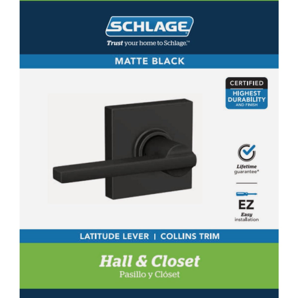 Schlage Latitude Lever Collins Matte Black Hall & Closet Lock Image 2