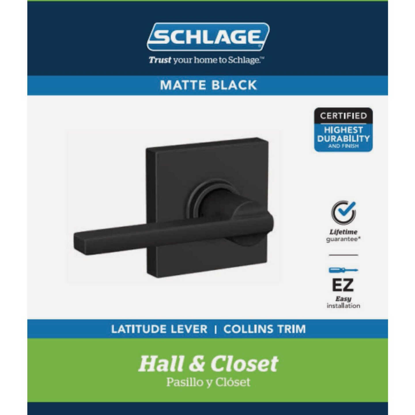 Schlage Latitude Lever Collins Matte Black Hall & Closet Lock Image 2