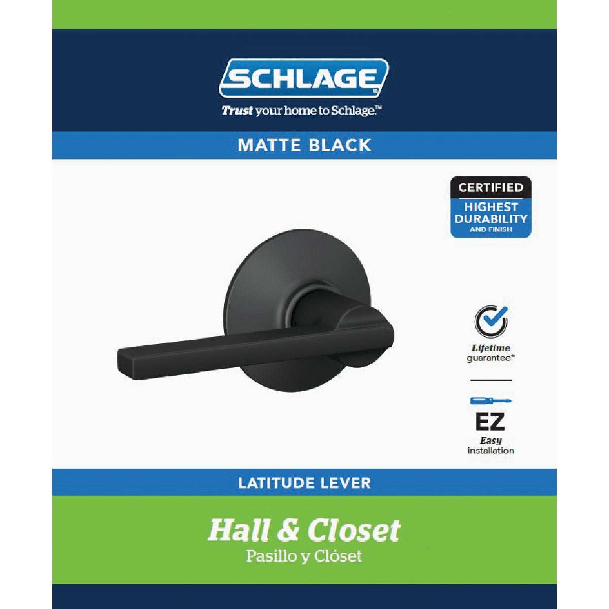 Schlage F Series Latitude Matte Black Passage Door Lever Image 2