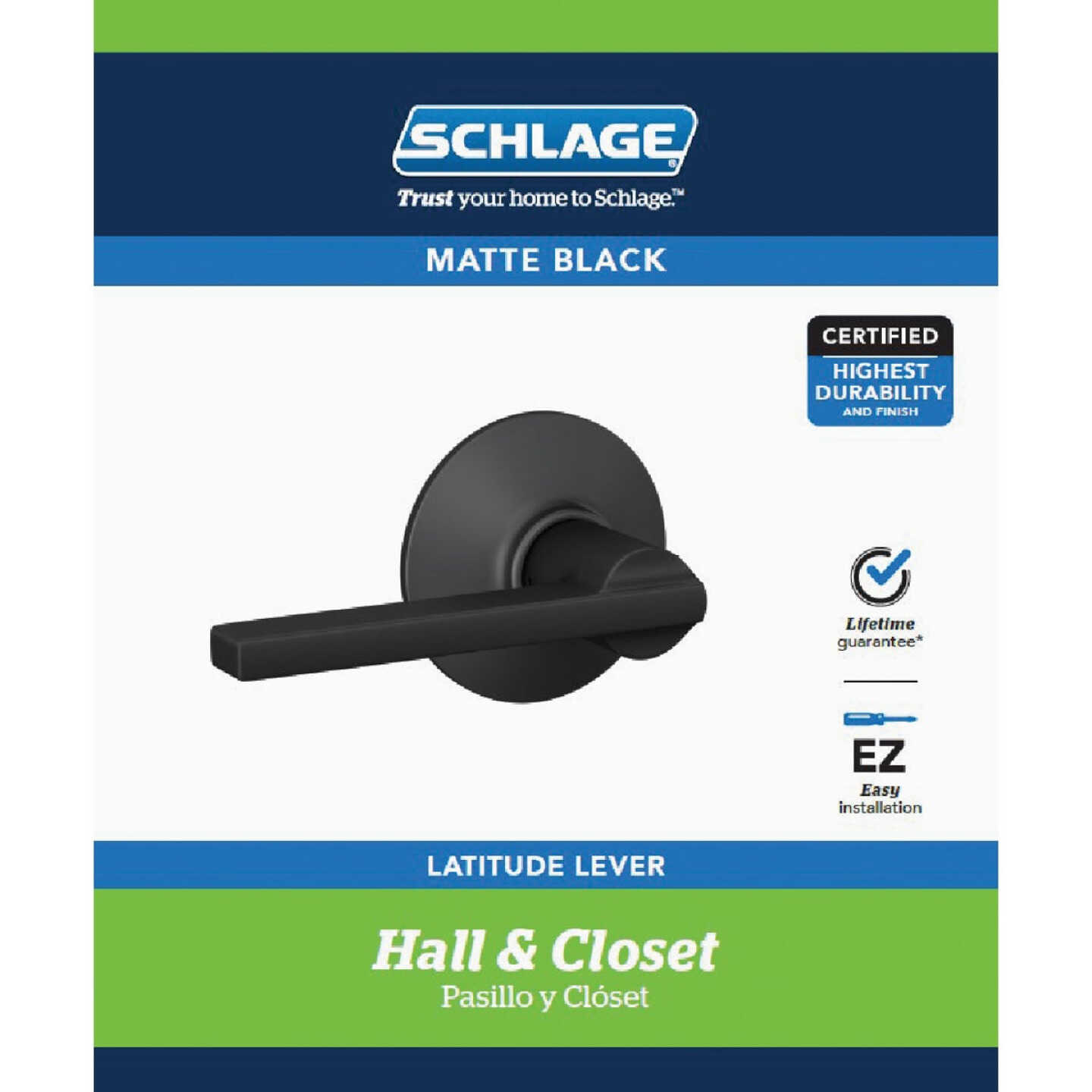 Schlage F Series Latitude Matte Black Passage Door Lever Image 2