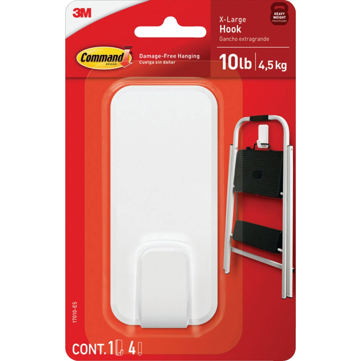 Command Extra Large 10 Lb. Adhesive Hook, White, 1 Hook, 4 Strips Image 1