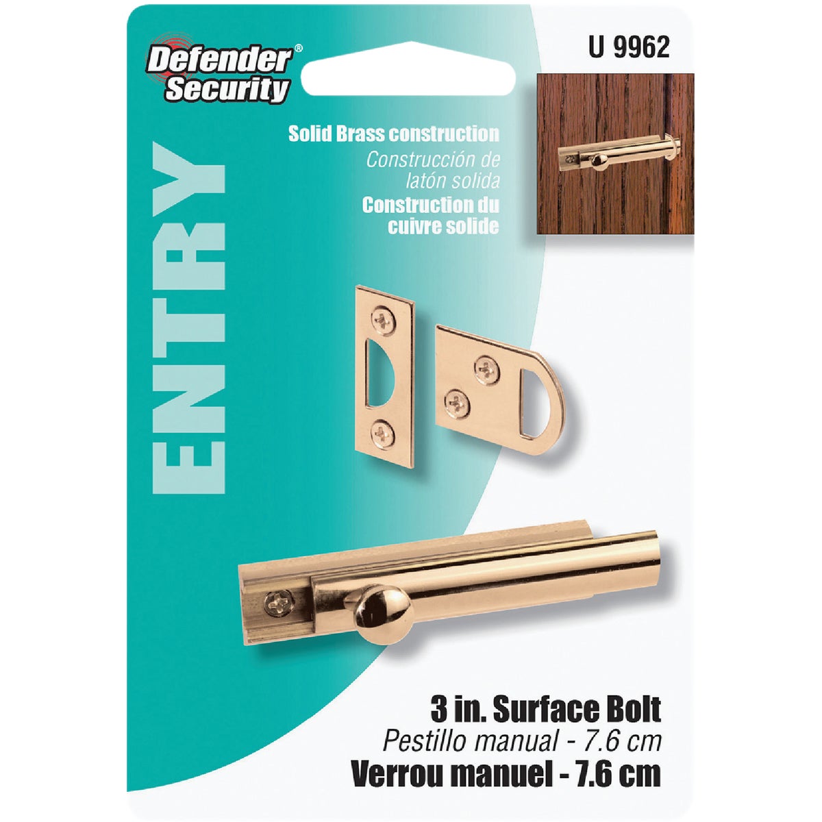 Defender Security 3 In. Polished Brass Door Surface Bolt Image 2