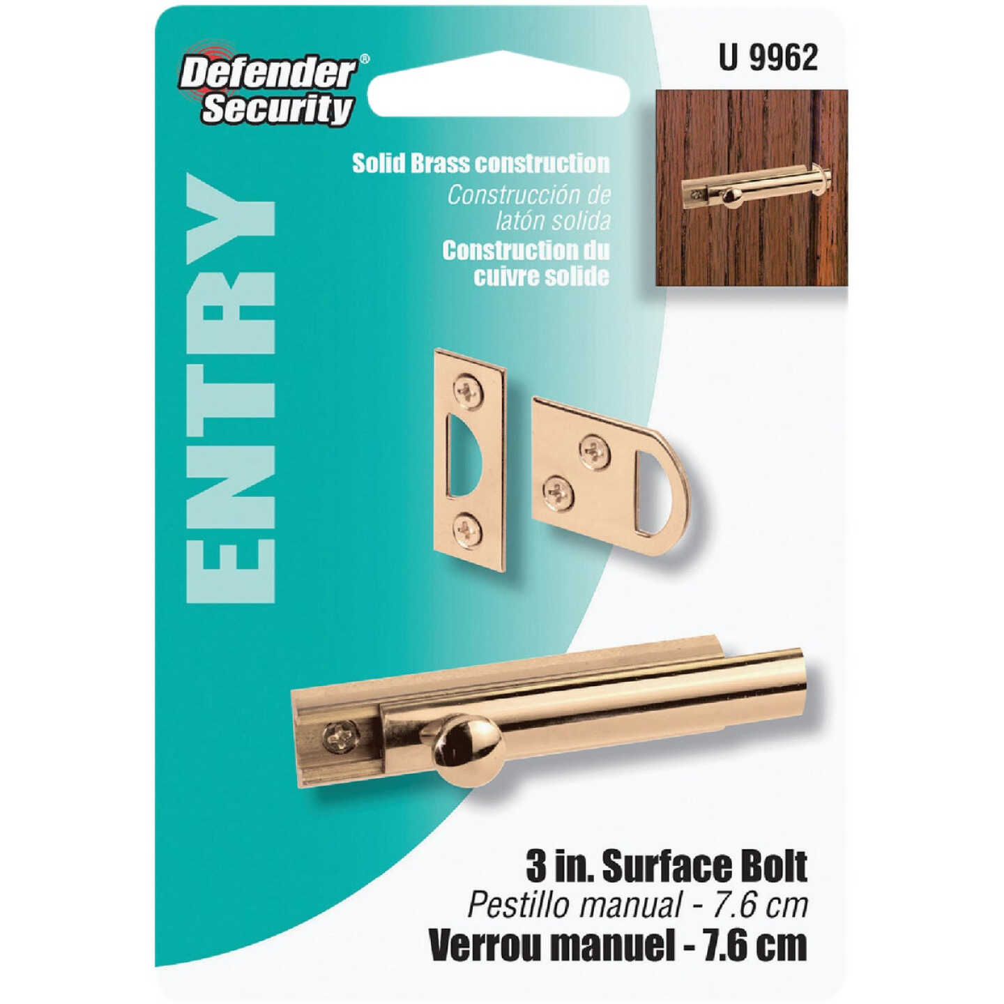 Defender Security 3 In. Polished Brass Door Surface Bolt Image 2
