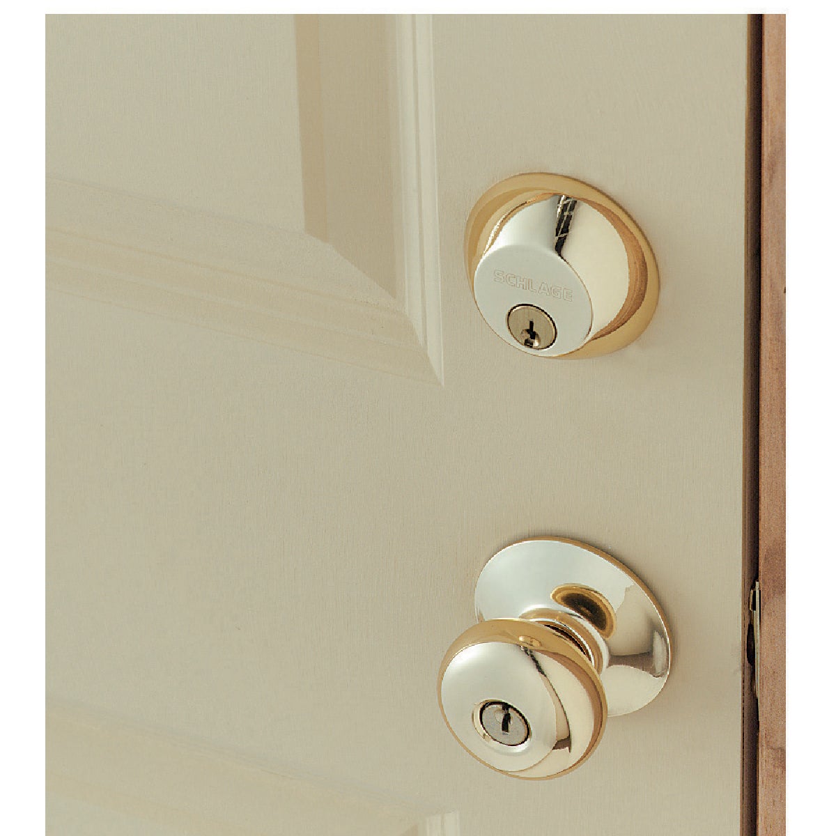 Schlage Bright Brass Single Cylinder Deadbolt & Plymouth Keyed Entry Knob Image 2