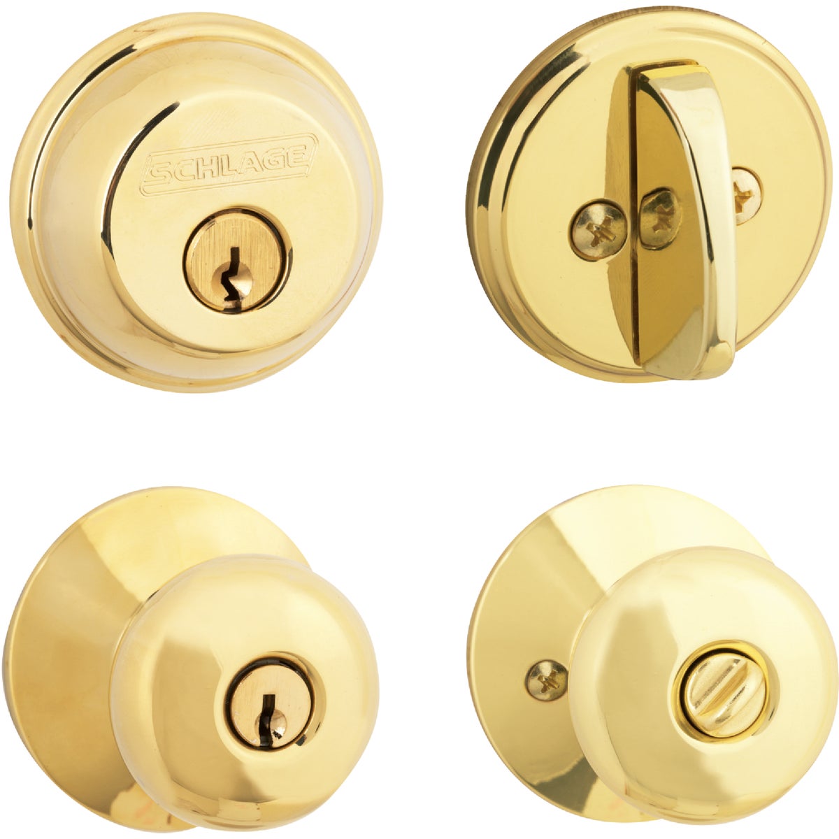 Schlage Bright Brass Single Cylinder Deadbolt & Plymouth Keyed Entry Knob