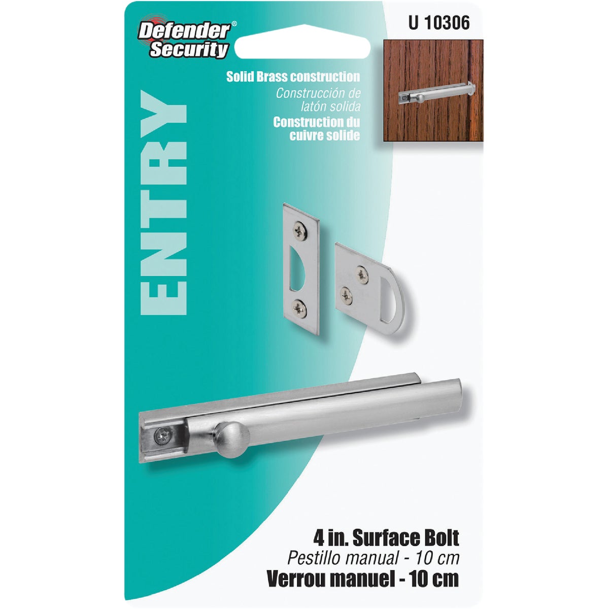 Defender Security 4 In. Satin Nickel Surface Bolt Image 2