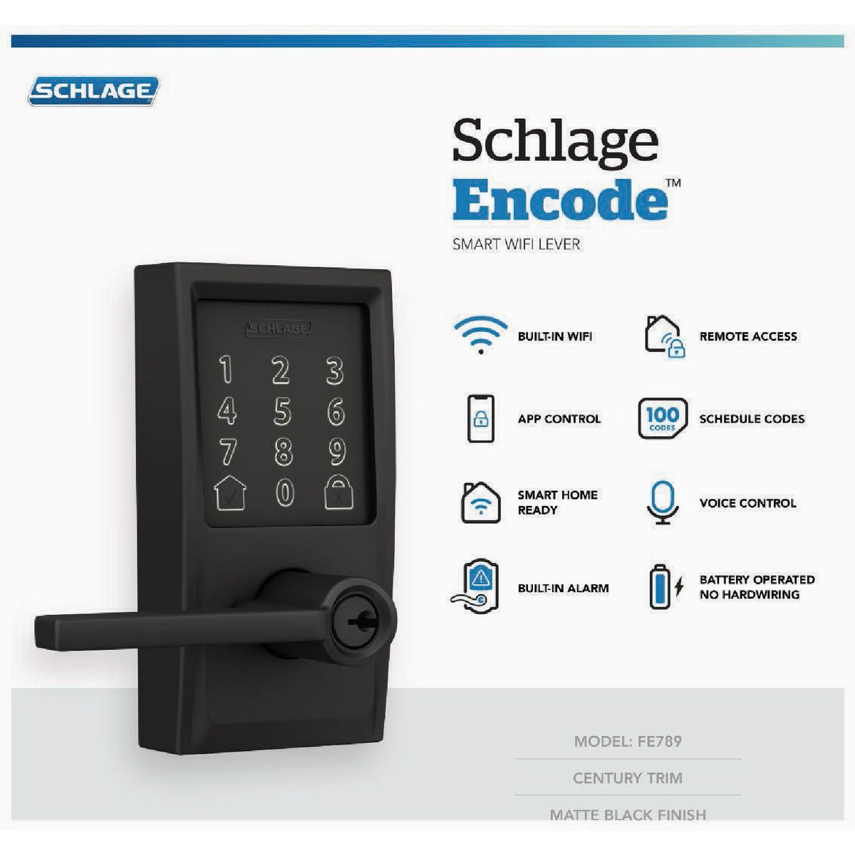 Schlage Encode Smart WiFi Matte Black Latitude Lever with Century Trim Image 3