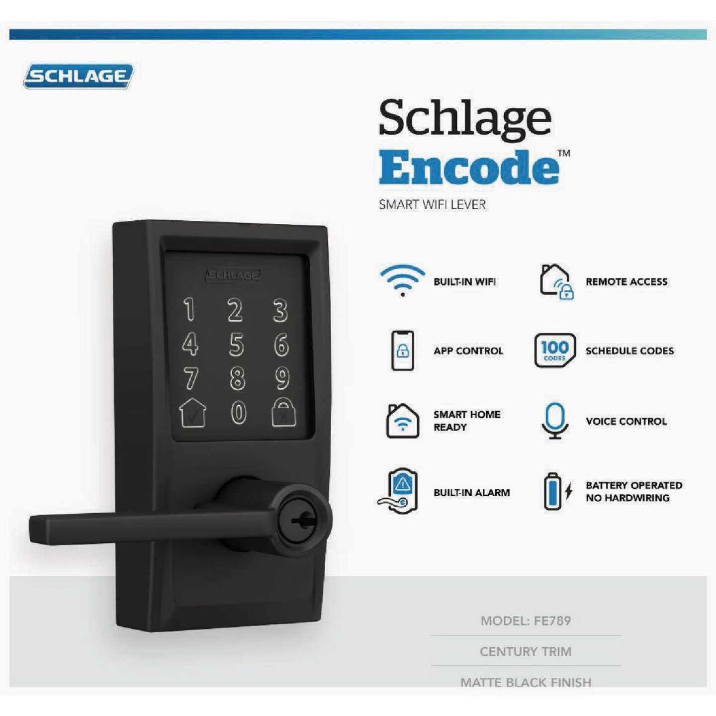Schlage Encode Smart WiFi Matte Black Latitude Lever with Century Trim Image 3
