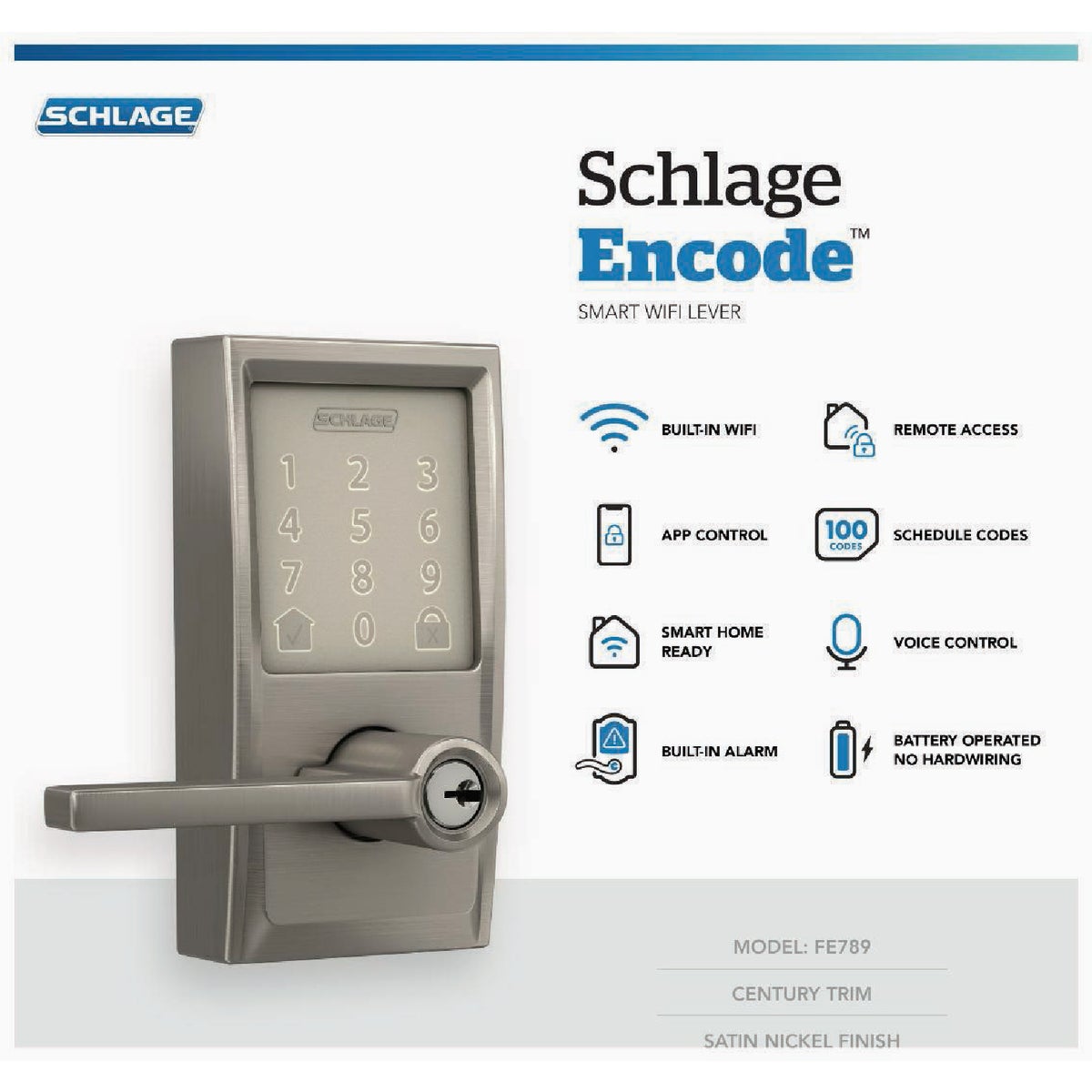 Schlage Encode Smart WiFi Satin Nickel Latitude Lever with Century Trim Image 3