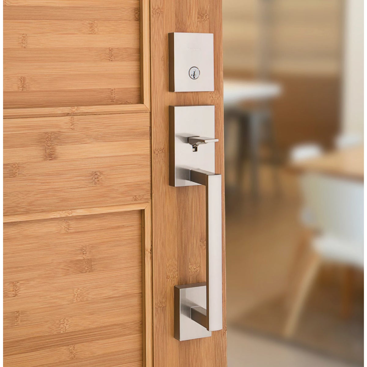Kwikset Signature Series San Clemente Satin Nickel Entry Door Handleset with Smartkey & Halifax Lever Image 3
