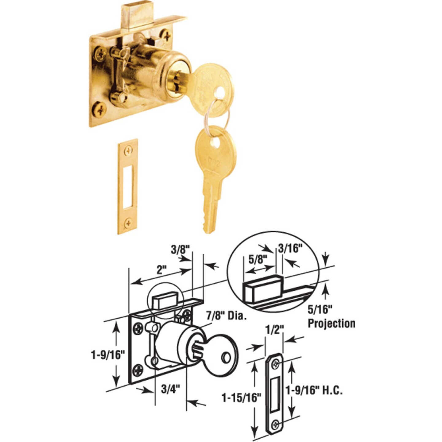 Defender Security Brass Drawer and Cabinet Lock with Keeper - Keyed Different Image 1