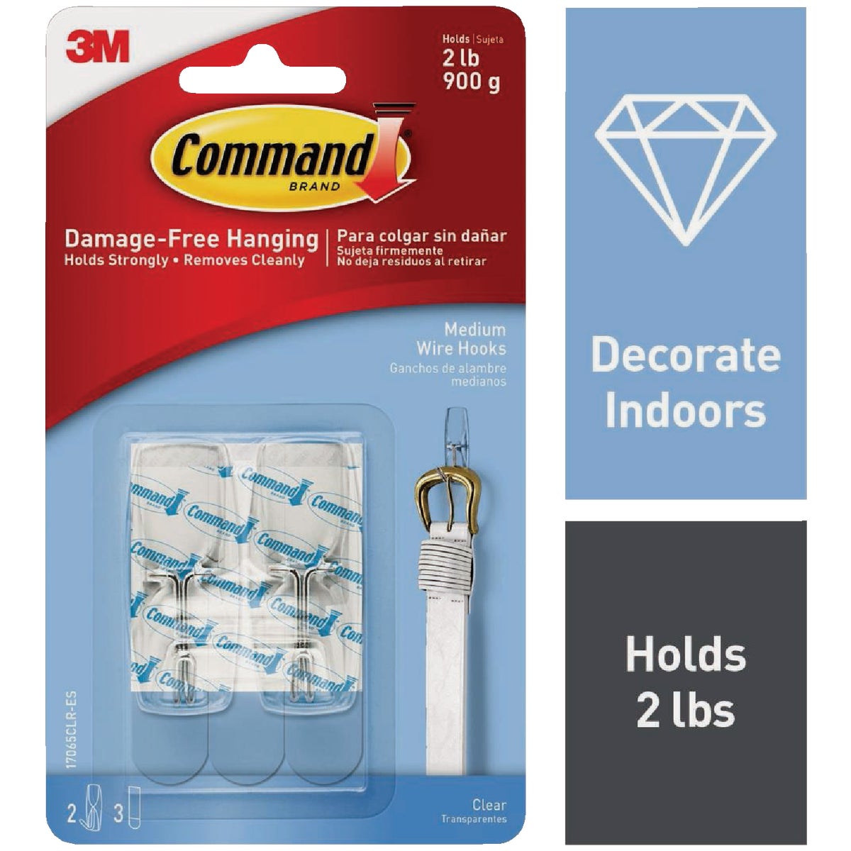 Command Medium Wire Hook, Clear, 2 Hooks, 3 Strips