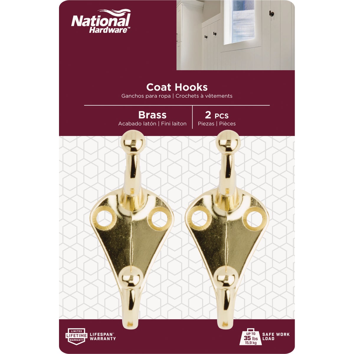 National Hardware Brass Coat & Hat Hook (2-Pack) Image 2