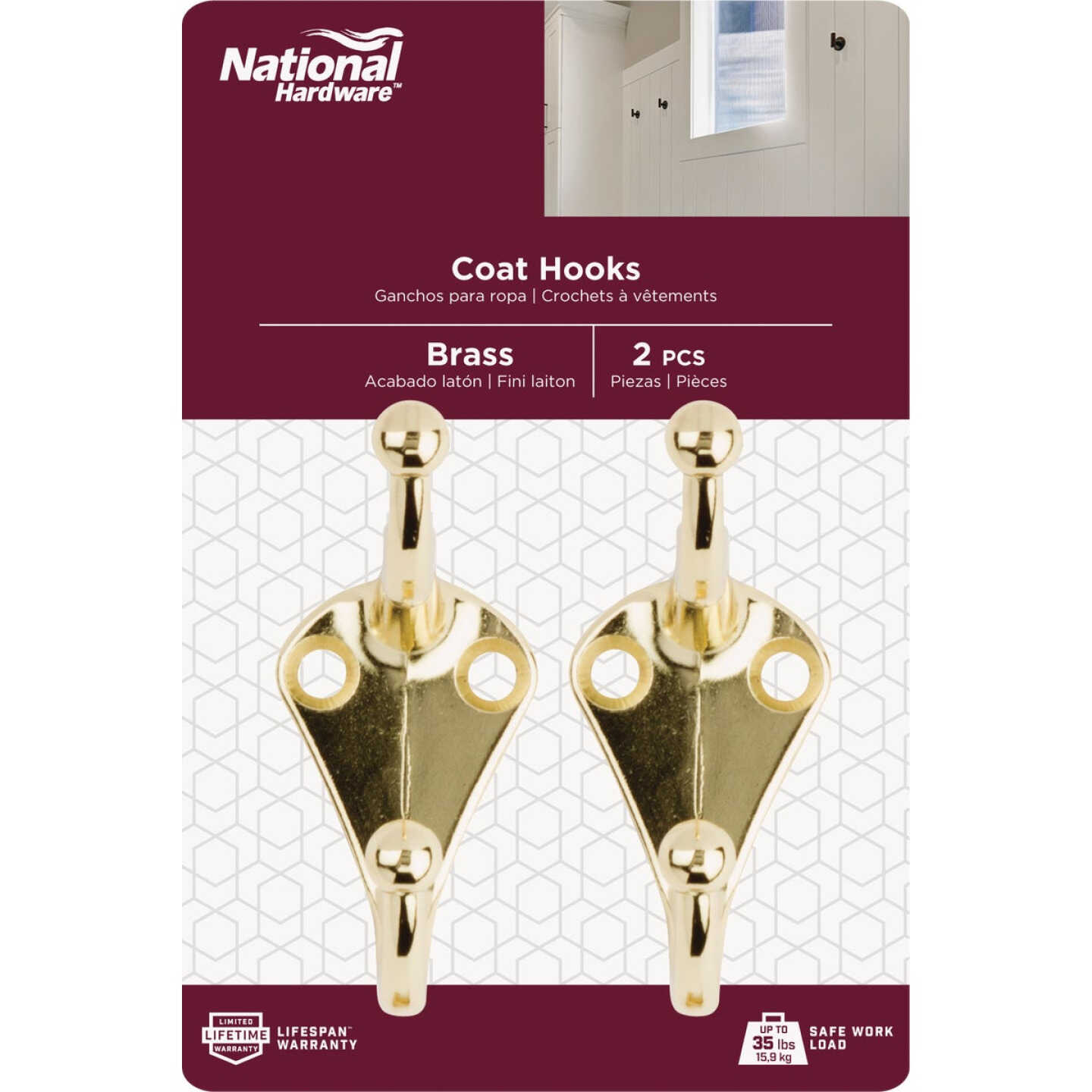 National Hardware Brass Coat & Hat Hook (2-Pack) Image 2