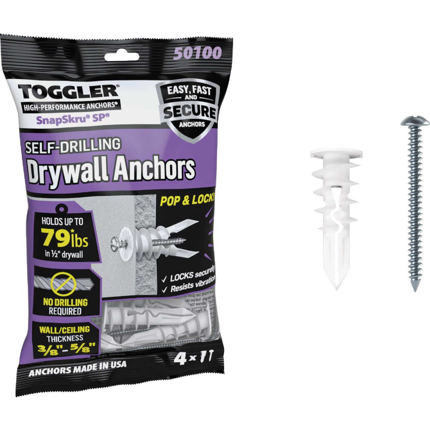 Toggler SnapSkru #8 x 1-1/2 In. 79 Lb. Nylon Self-Drilling Drywall Anchor (4-Count) Image 1