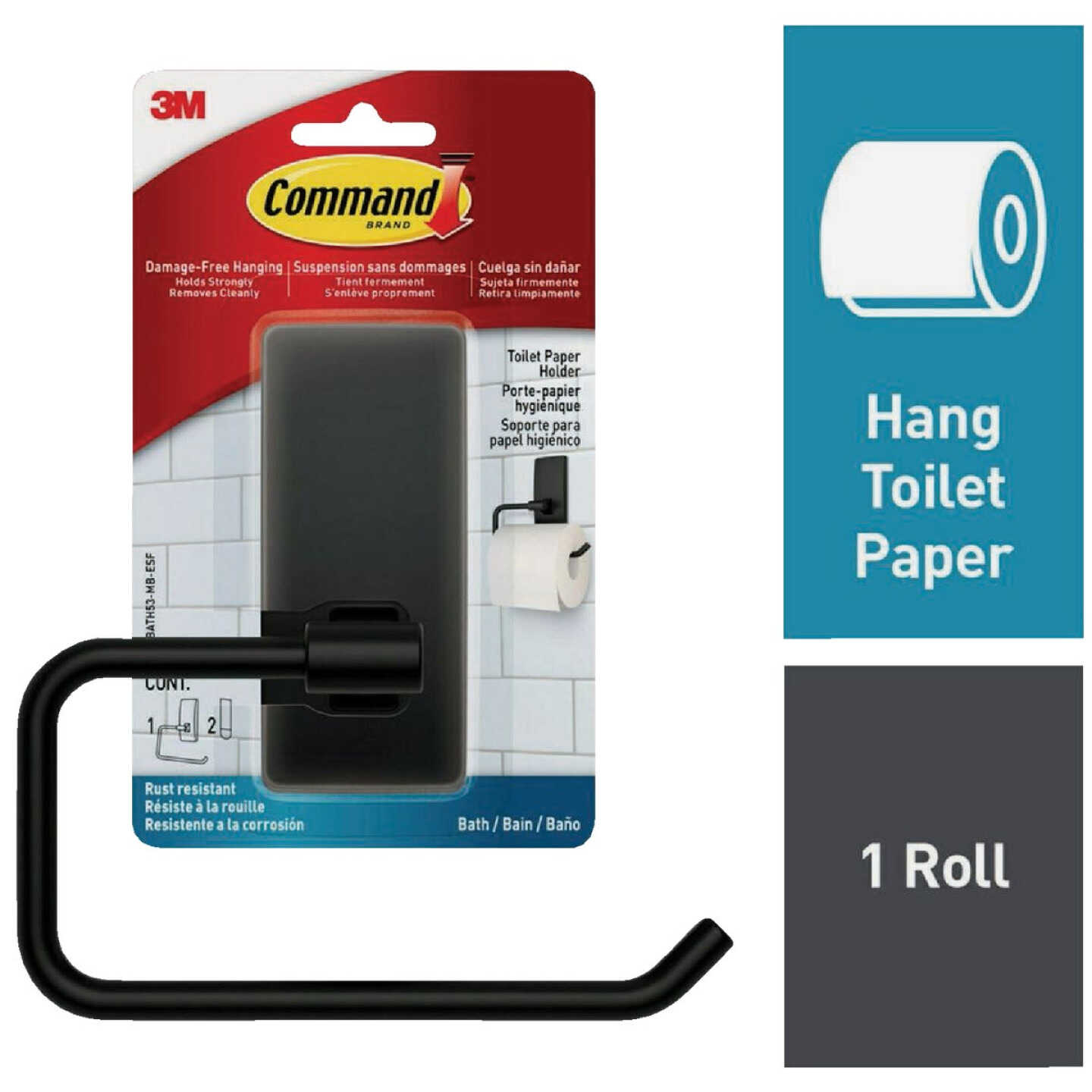 Command Bath Matte Black Adhesive Toilet Paper Holder, 2 Strips Image 1